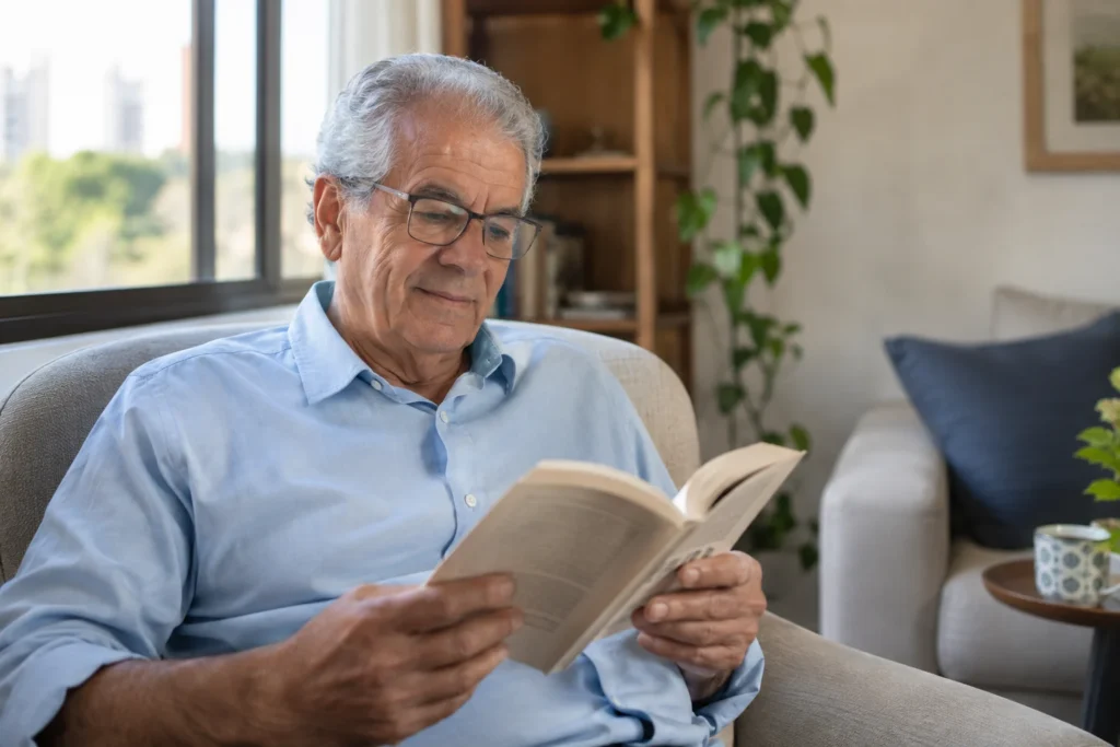 Homem idoso lendo um livro junto à janela — imagem ilustrativa