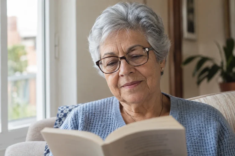 Mulher idosa com óculos lendo um livro — imagem ilustrativa