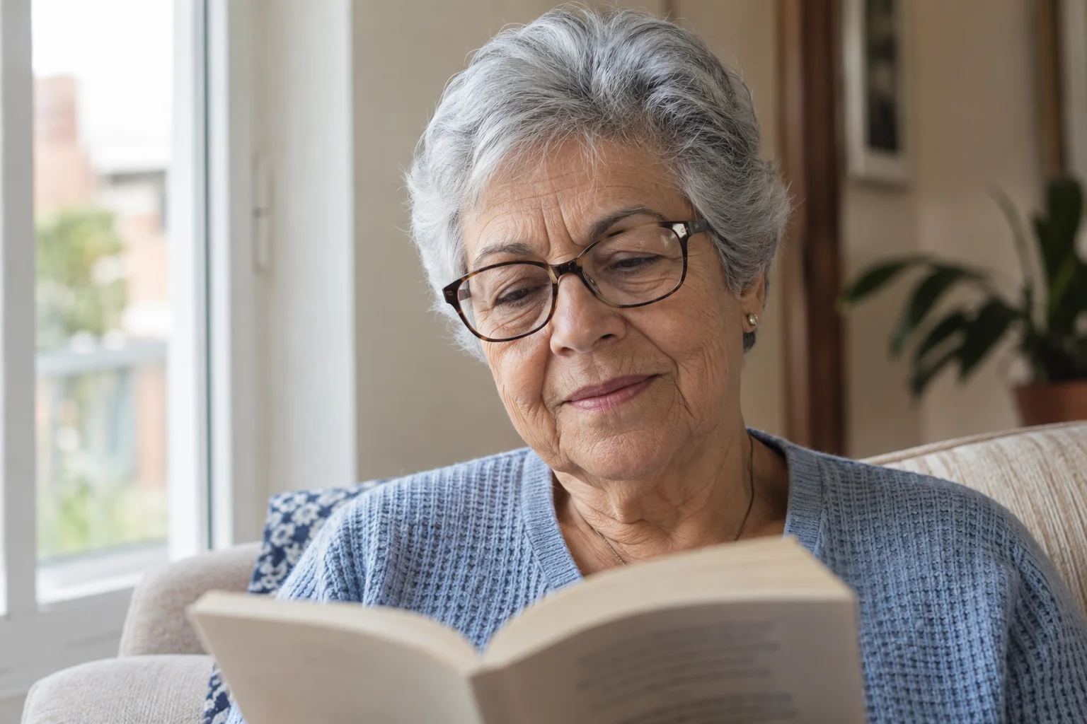 Mulher idosa com óculos lendo um livro — imagem ilustrativa