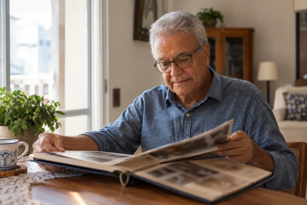 Homem idoso observando um álbum de fotografias — imagem ilustrativa