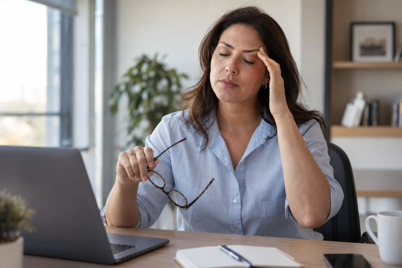 Mulher fazendo uma pausa diante do computador — imagem ilustrativa