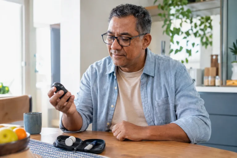 Homem com óculos observando um medidor de glicose — imagem ilustrativa