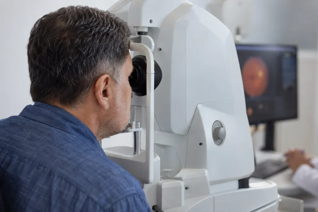 Paciente durante exame de imagem da retina — imagem ilustrativa